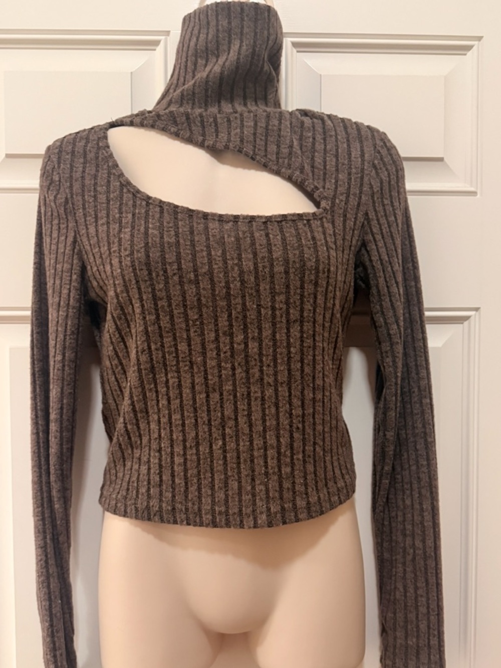 SHEIN Cutout Ribbed Knit Turtleneck Sweater- Brown, S